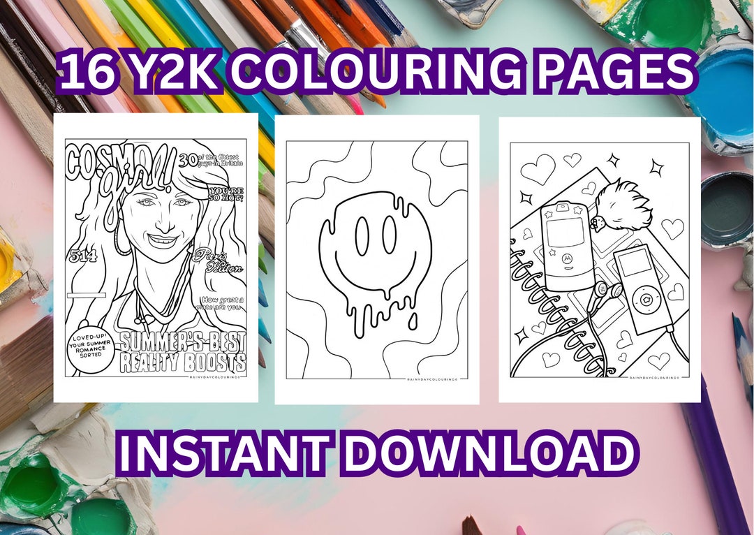 Y2k Colouring Pages Printable Collection, Retro Art Sheets, 2000s Kids
