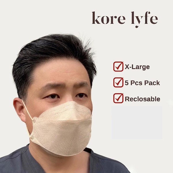 25% Larger KF94 Face Mask - X-Large Beige - In 5 PCS Reclosable Package - Breathable Premium Quality