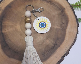 Wood bead keychain, Essential oil diffuser, Tassel keychain, Boho Keychain, Boho accessory, Evil eye keychain, Evil eye bag charm, Keepsake