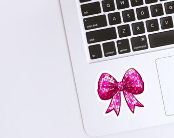 Pink Coquette Disco Ball Bow Sticker, Cute Pink Disco Ball Bow Sticker, Pink Girlie Bow Planner Journal Laptop Water Bottle Kindle Sticker