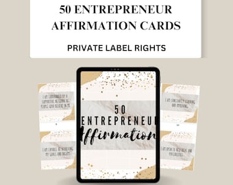 May include: A digital download graphic featuring a tablet displaying "50 Entrepreneur Affirmation Cards." The image includes sample affirmation cards and text that reads "Done For You" and "Private Label Rights." The words "Digital Download" are also visible.
