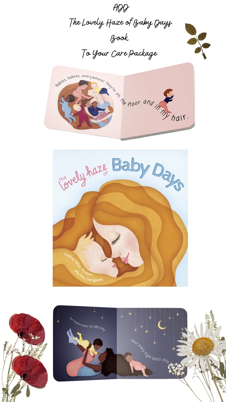 Pode incluir: Um livro infantil colorido intitulado "The Lovely Haze of Baby Days" com ilustra&ccedil;&otilde;es de m&atilde;es e beb&ecirc;s. A capa do livro apresenta uma m&atilde;e e um beb&ecirc; abra&ccedil;ados, com o cabelo da m&atilde;e cobrindo seus rostos. O livro faz parte de um pacote de cuidados.
