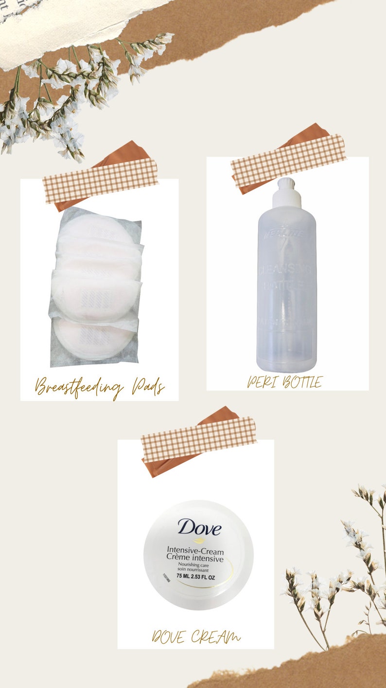 Pode incluir: Um conjunto de itens essenciais para o p&oacute;s-parto que inclui uma garrafa de solu&ccedil;&atilde;o de lavagem perineal, um recipiente de creme intensivo Dove Intensive-Cream Creme intensive e um pacote de absorventes para amamenta&ccedil;&atilde;o.