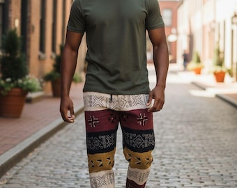 Handmade Mudcloth Pants:Handwoven Bogolan African Print Cotton Trousers, Unisex Heritage Style