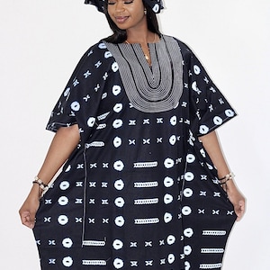 Debbo Leppi Indigo  Printed Women Boubou Kaftan with Collar & Chest embellishment