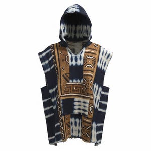 May include: A navy blue, brown, and white patterned hooded poncho with a V-neck. The poncho has a loose fit and is made of a textured fabric. The hood and edges have a tie-dye effect. The poncho is a sleeveless design.
