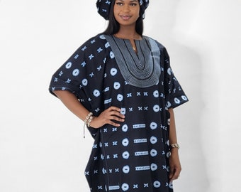Leppi Indigo Dyed or Printed Women Boubou Kaftan with embellishment around the collar