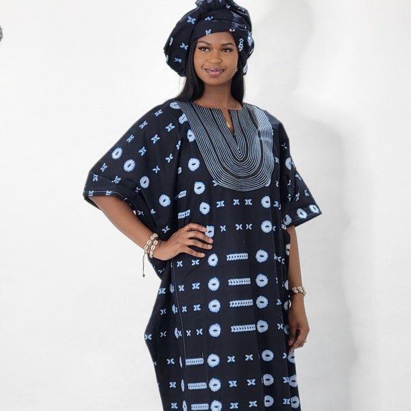 Leppi Indigo Dyed or Printed Women Boubou Kaftan with embellishment around the collar