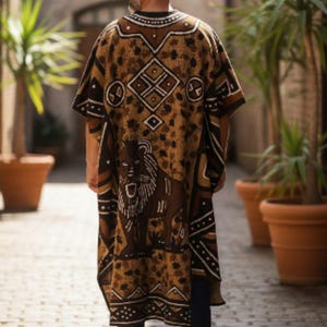 May include: A brown and tan patterned kaftan with a lion graphic. The kaftan features geometric designs and a round neckline. The person is wearing dark blue jeans and white sneakers. The image is taken outdoors.