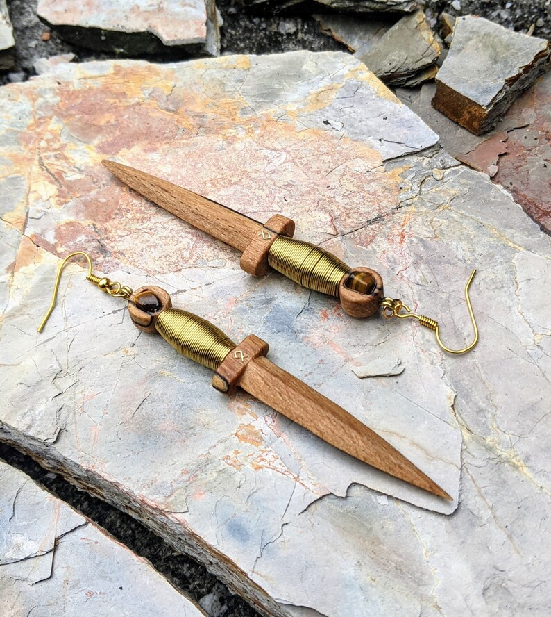 Sword earrings brass wood crystal dangle earrings tigers eye pagan witch jewellery handmade gift accessories