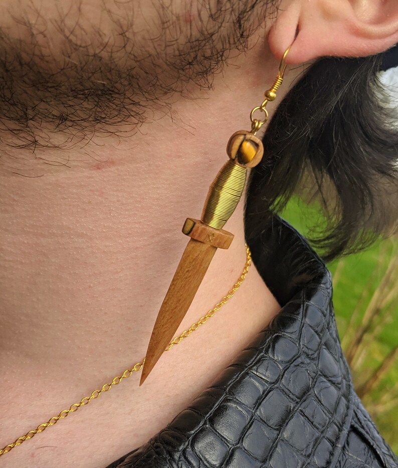 Sword earrings brass wood crystal dangle earrings tigers eye pagan witch jewellery handmade gift accessories