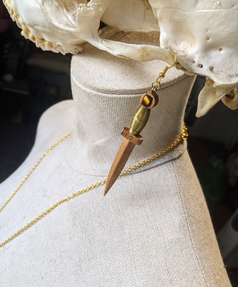 Sword earrings brass wood crystal dangle earrings tigers eye pagan witch jewellery handmade gift accessories