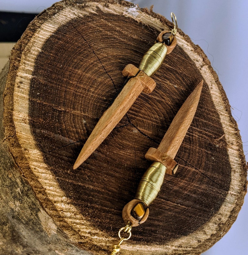 Sword earrings brass wood crystal dangle earrings tigers eye pagan witch jewellery handmade gift accessories