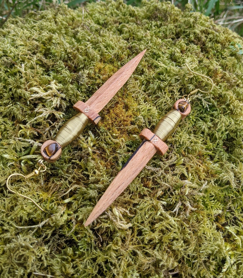 Sword earrings brass wood crystal dangle earrings tigers eye pagan witch jewellery handmade gift accessories