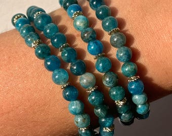 Beautiful Blue Apatite Bracelet with 18KT Gold Plated Accents | 6mm Blue Apatite Beaded Bracelet