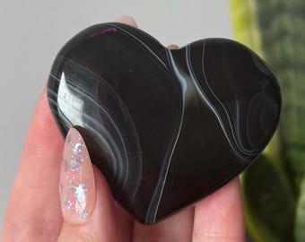 Beautiful Banded Black Agate Puffy Heart Carving from Mexico