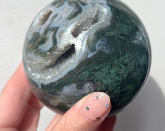 Beautiful Druzy Moss Agate Sphere 80mm | Moss Agate Crystal Ball