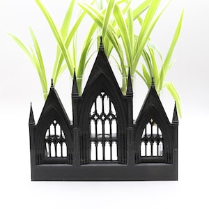May include: Black gothic-style vase with five glass tubes for holding plants. The vase is shaped like a church with arched windows. Green plants are growing in the tubes.
