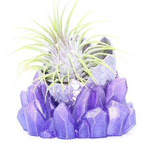 May include: A purple crystal-shaped planter with a silver air plant holder. The planter is made of 3D printed plastic and has a sparkly finish.