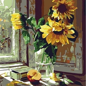 Ucustom Art Paint by Numbers for Adults – Paint by Number Kit, Rolled Wrinkle-Free Canvas, 16x20 inch, Sunflower Next To Window