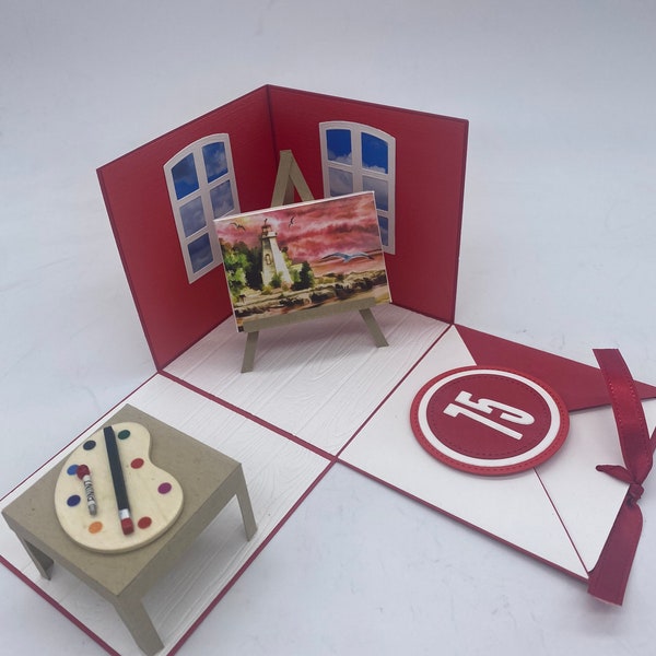 Explosionsbox als Geschenk für Künstler, Gutschein für einen Malkurs oder als originelle Geldverpackung zu Weihnachten