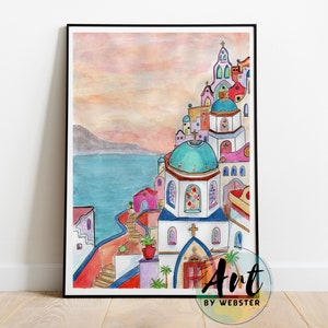 Impression d&#39;art originale A4, décoration murale, art mural, Santorin en couleur, peinture de Santorin, impression colorée, Grèce, impression d&#39;art de voyage