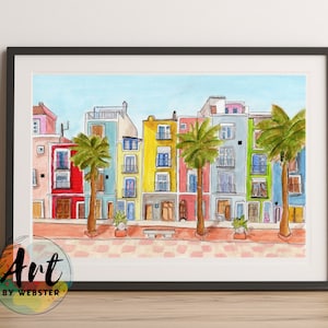 Original Art Print A4, Wall Decor, Wall Art, Villajoyosa, Costa Blanca, Spain Painting, Colourful Print, Costa Blanca Art, Travel Art Print
