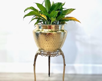 XXL Hammered Brass Planter With Stand | Antique Brass Flower Pot