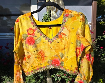 Yellow Floral Crepe Silk Mirror and Sequin Co Ords Set