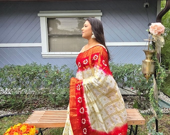 Simple Bandhani Raw Silk Saree