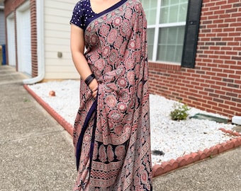 Gajji Silk Ajrakh Sarees with Zari Pallu