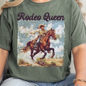 Retro cowgirl-shirt, western grafisch T-shirt, comfortkleuren, western shirt, cowgirl-t-shirt, rodeo-shirts, rodeo country western-shirts, Rodeo Queen