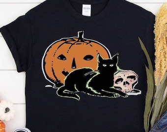 Vintage Halloween Shirt, Black Cat Shirt, Retro Black Cat, Pumpkin Halloween, Pumpkin and Black Cat Halloween, Retro Distressed