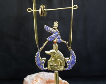 Hathor Copper Sistrum with Anubis and the Vulture ( Nekhbet ) and Gemstone Wings for protection - Musical Instrument - Replica Sistrum