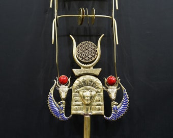 Handmade Hathor Copper Sistrum with the Cow heads and Gemstone Wings for protection - Musical Instrument - Replica Sistrum