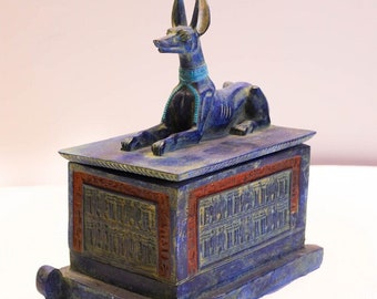 Beautiful Blue Egyptian god Anubis Shrine, the god of mummification Anubis statue, Pharaonic jewelry box.