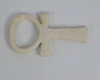 Egyptian Ankh With Lotus Flower, Scarab and Sundisk Symbols Carved - Handmade From Natural Alabaster