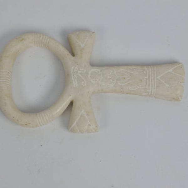 Egyptian Ankh With Lotus Flower, Scarab and Sundisk Symbols Carved - Handmade From Natural Alabaster