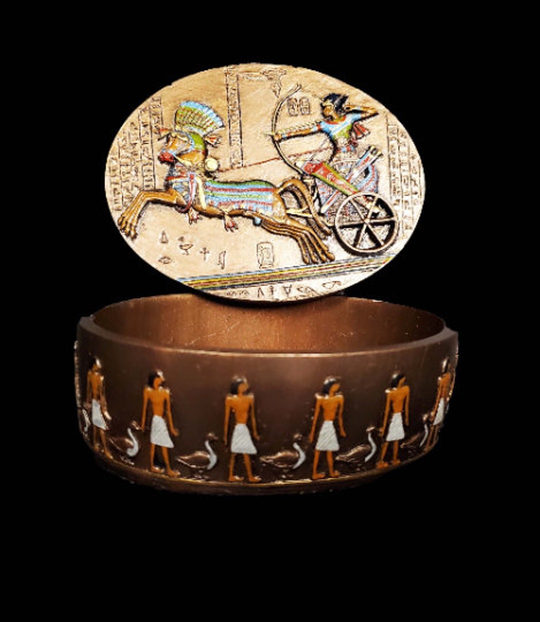 Fantastic Ancient Egyptian Jewelry Box With Ramses II Riding Chariot at