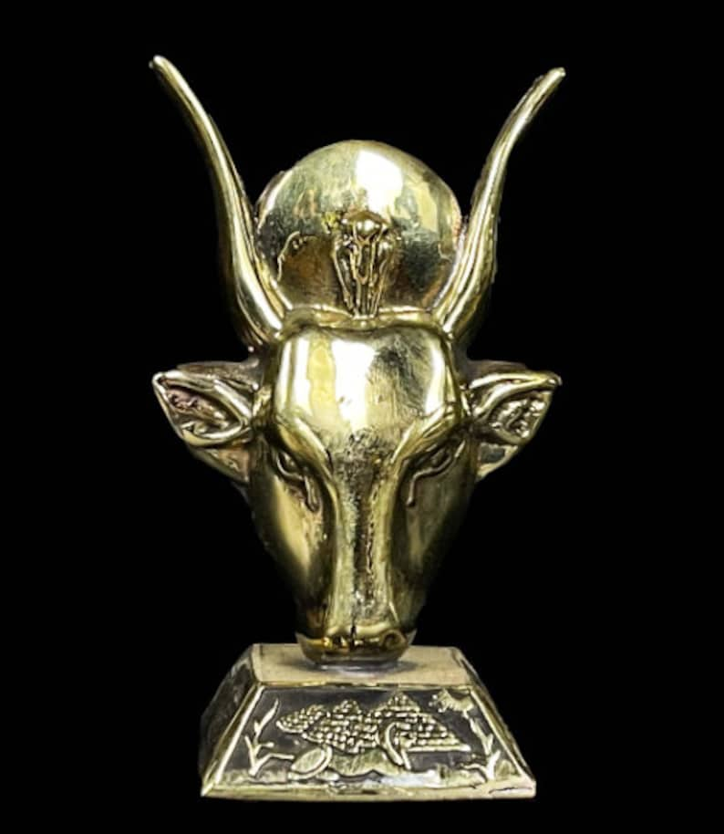 Fantastic Hathor Goddess as a cow face with cow ears and wearing sun disk hathor statuette made with Egyptian soul. image 2