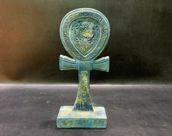 Rare Egyptian ANKH (key of life) with the scarab for protection - hand made from Blue stone - Altar statue made with Egyptian soul