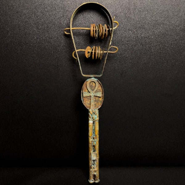 Vintage Egyptian Double face Copper Sistrum (Musical Instrument) with The Egyptian Ankh and the Scarab - made from Copper - made in Egypt