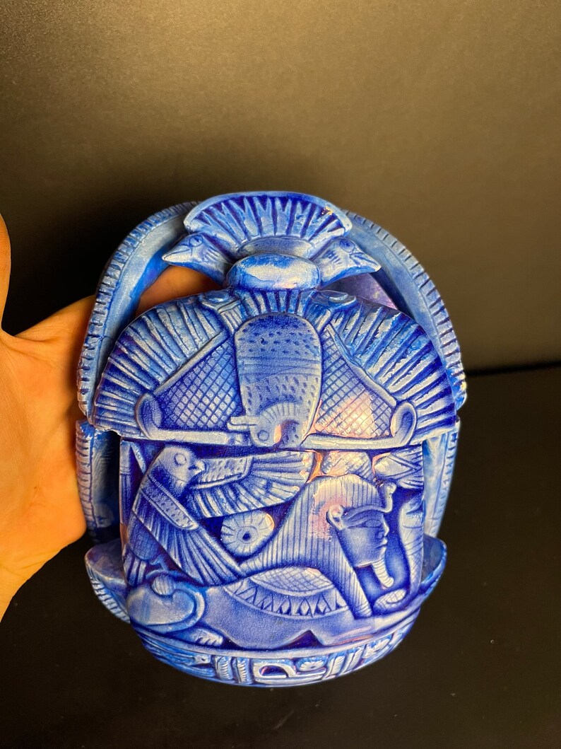 Blue Egyptian Scarab with Horus god of the sky and Egyptian hieroglyphs with Handmade Inscriptions Engraved on it made with Egyptian soul image 4