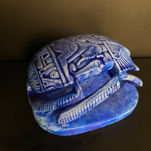 Blue Egyptian Scarab with Horus god of the sky and Egyptian hieroglyphs with Handmade Inscriptions Engraved on it made with Egyptian soul image 2