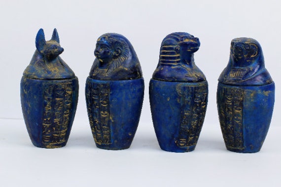 青いカノプス壺、完璧な色で作られた4つの素晴らしい青い壺 - 青い石で