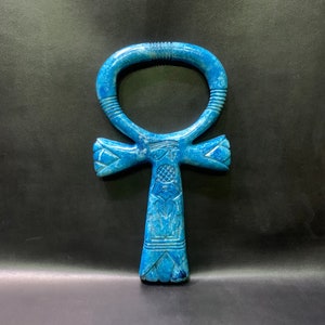 Gorgeous Egyptian ANKH (key of life) with the eye of Horus and the cartouche - made of Blue stone - Altar statue made with Egyptian soul