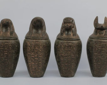エジプトの4つのレプリカカノプス壺、箱付き墓、素晴らしい装飾と炎石
