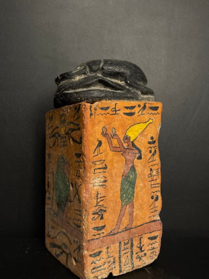 Amazing Egyptian Box of The Egyptian Scarab symbol of good luck and protection with Baboon made from Vintage Wood with Egyptian soul image 2