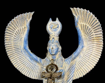 Large Egyptian ISIS goddess of magic with wings of protection and Eye of Horus-Replica statue made of Blue stone .