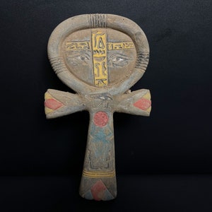 Egyptian ANKH (key of life) with the Beautiful Egyptian face - Lime stone with beautiful colors - Altar statue made with Egyptian soul